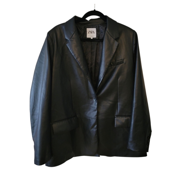 Zara Black Faux Leather Blazer Jacket Size XXL - Picture 2 of 4